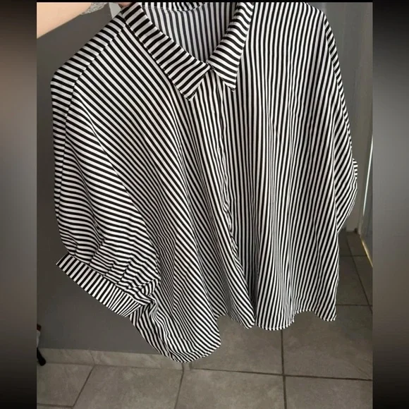 Classic Oversized Loose Fit Stripe Batwing Sleeve Button Down Shirt Top Blouse - Picture 13 of 14